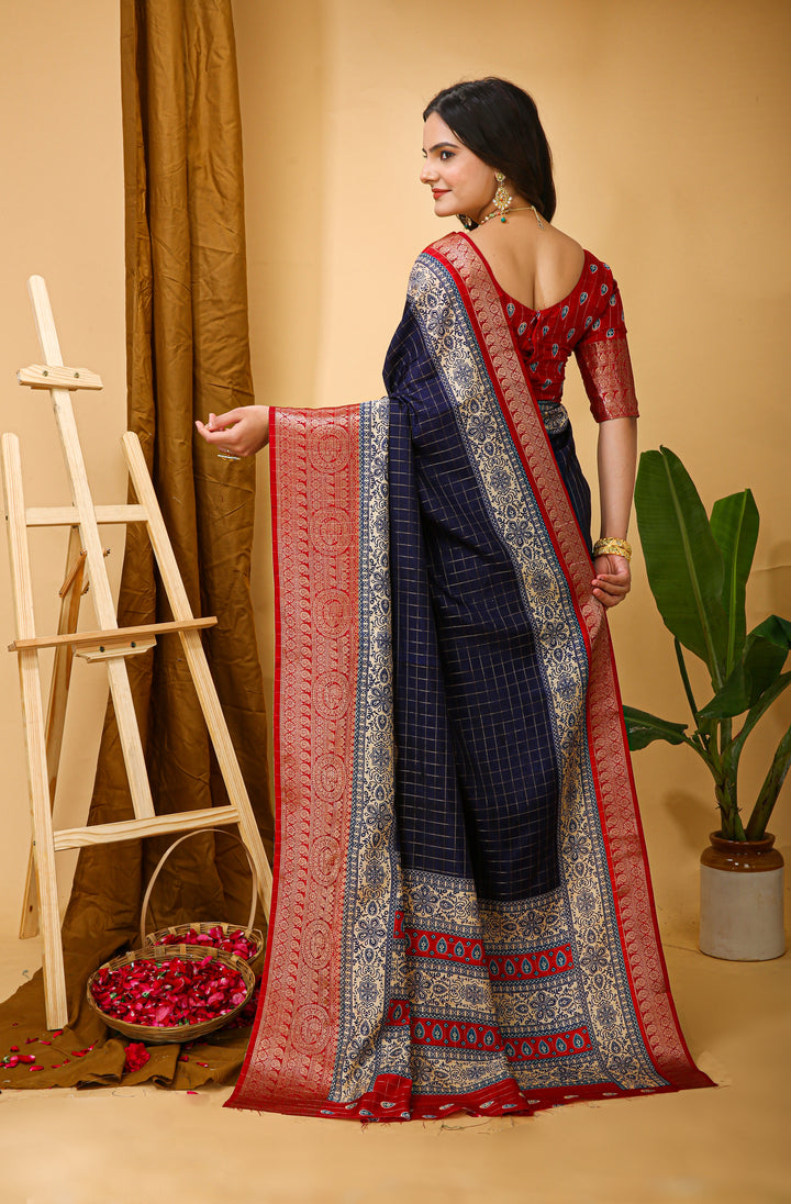 Navy Blue Colour soft Dola cotton Kalamkari print saree with jecard kanjivaram zari border