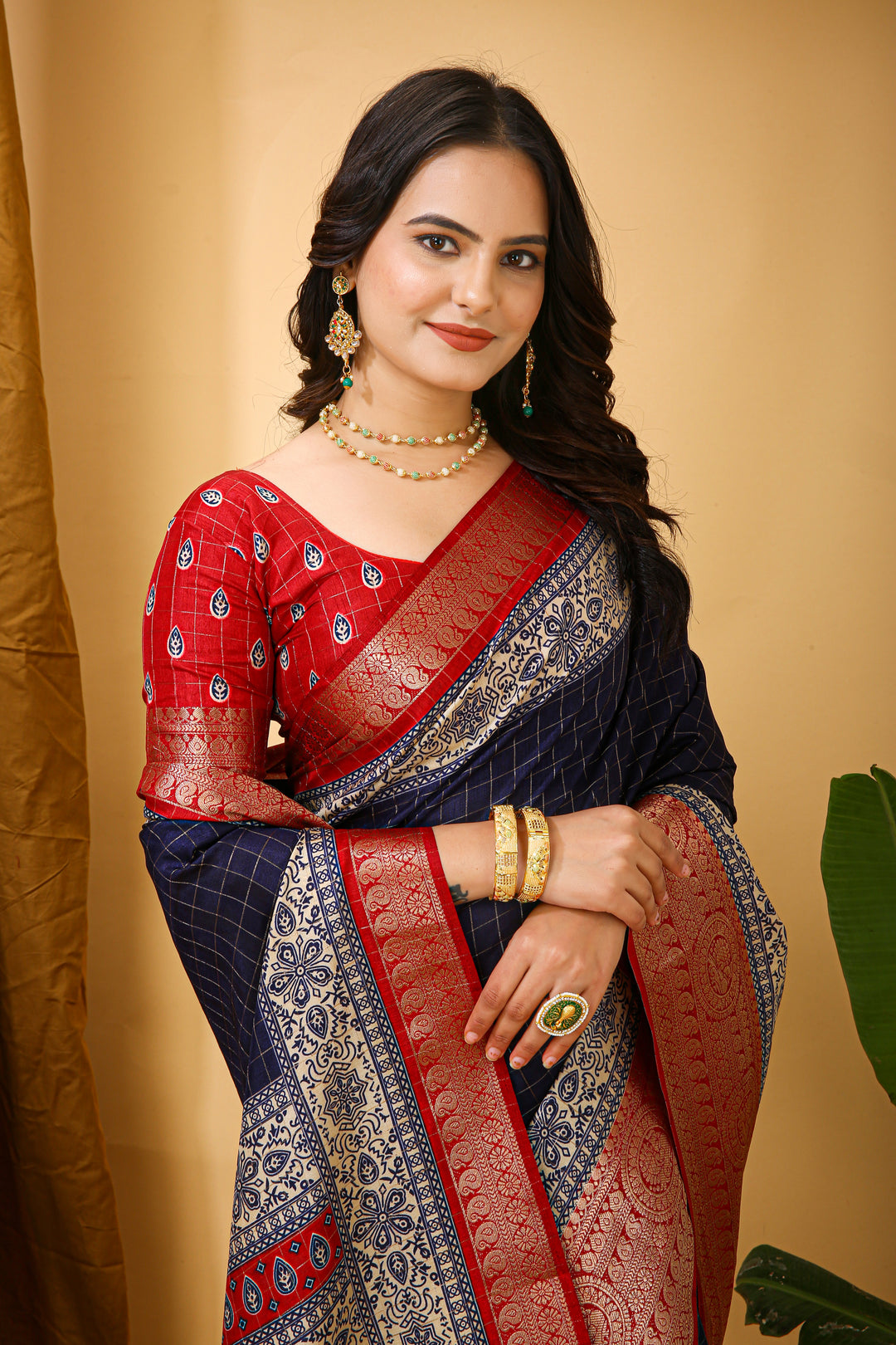 Navy Blue Colour soft Dola cotton Kalamkari print saree with jecard kanjivaram zari border