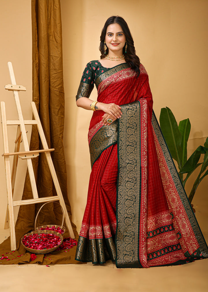 Red Colour soft Dola cotton Kalamkari print saree with jecard kanjivaram zari border