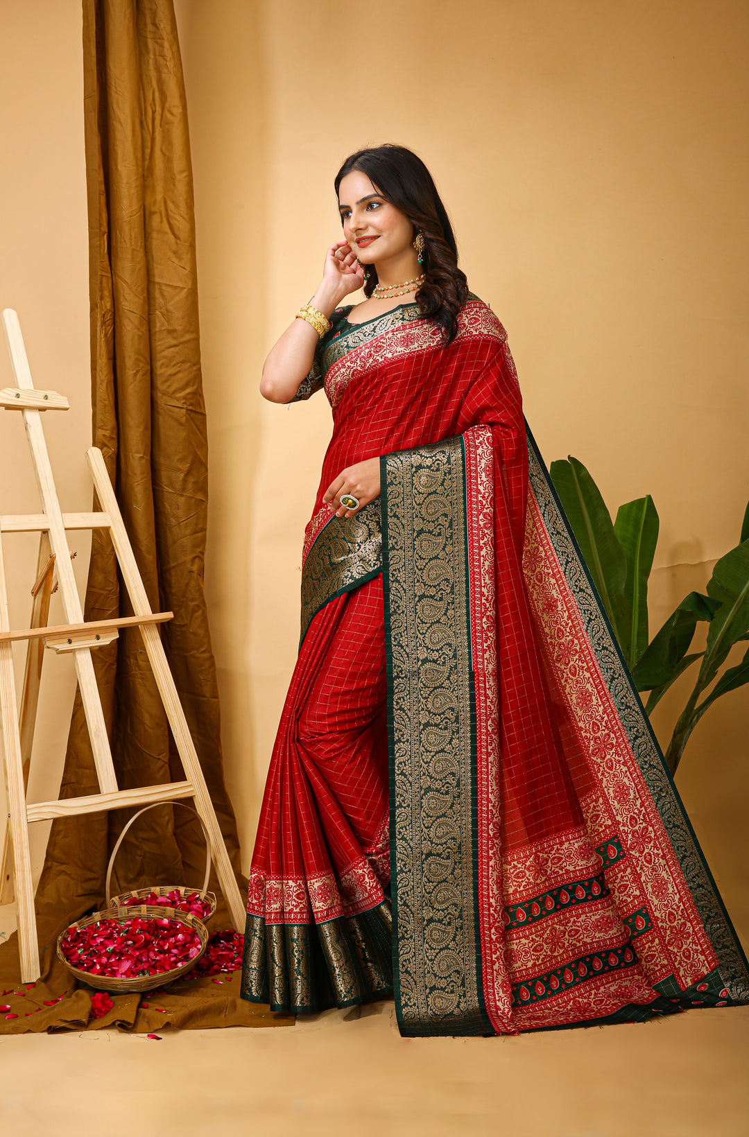 Red Colour soft Dola cotton Kalamkari print saree with jecard kanjivaram zari border