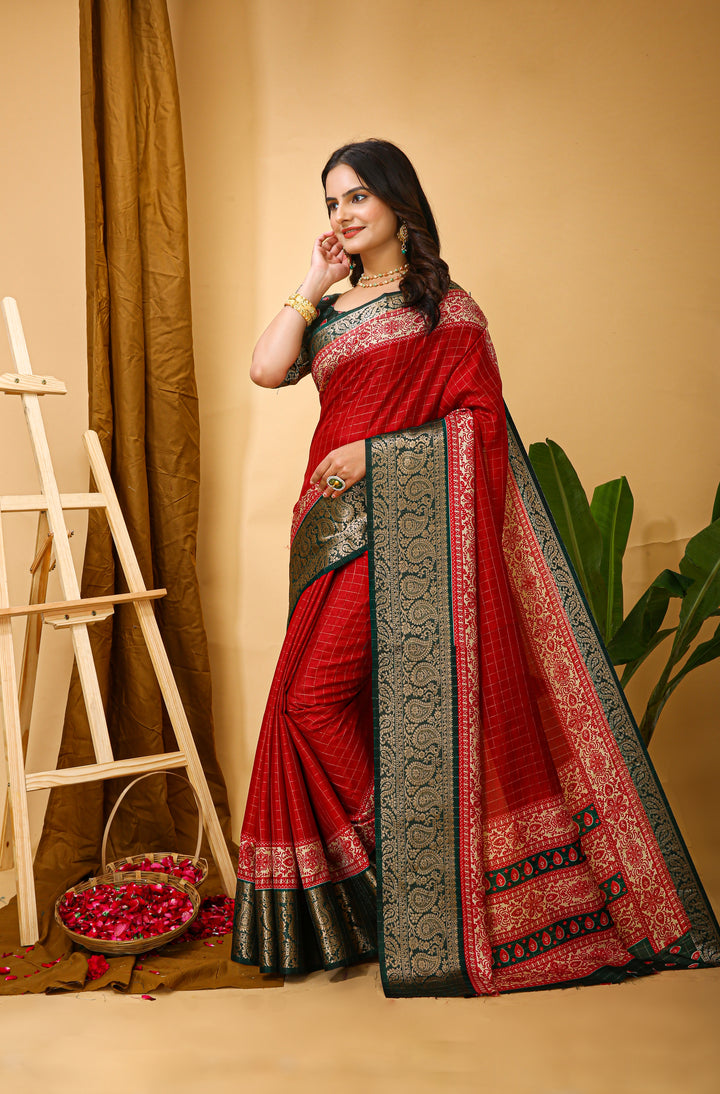 Red Colour soft Dola cotton Kalamkari print saree with jecard kanjivaram zari border