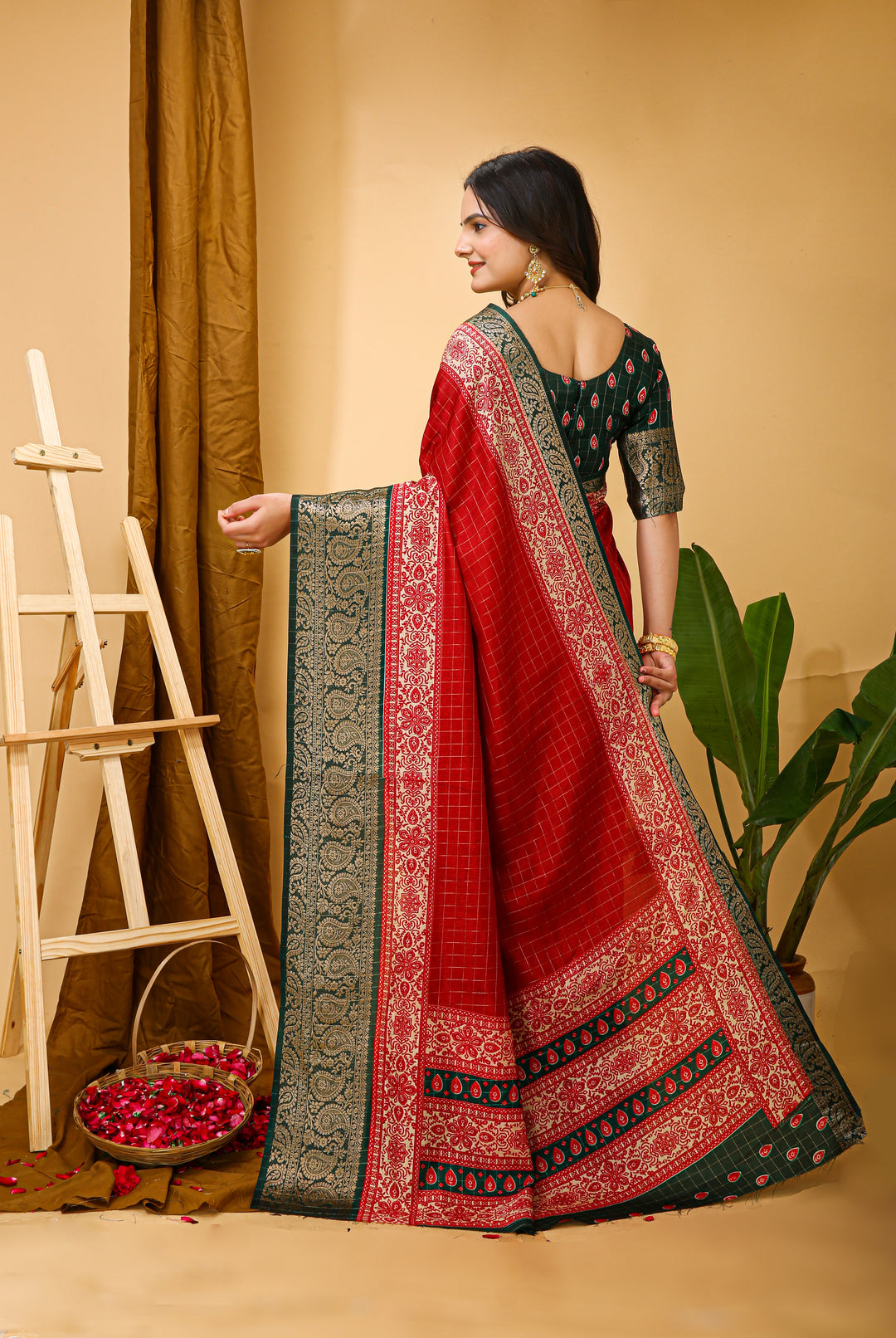 Red Colour soft Dola cotton Kalamkari print saree with jecard kanjivaram zari border
