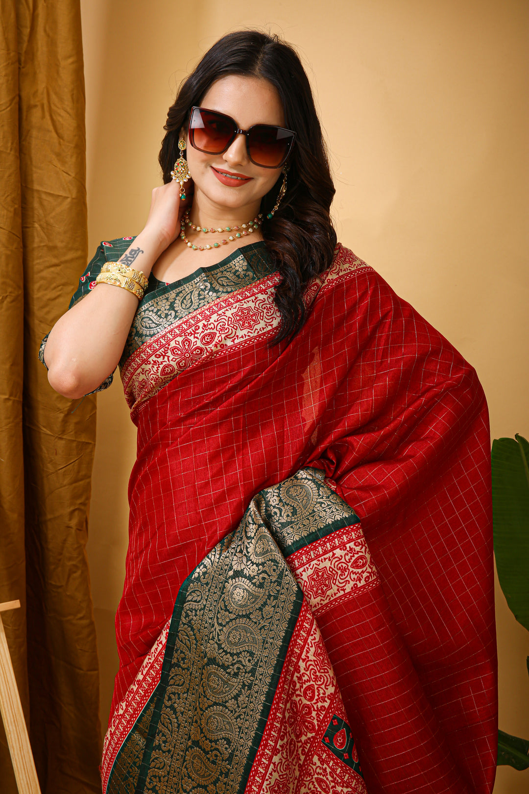 Red Colour soft Dola cotton Kalamkari print saree with jecard kanjivaram zari border