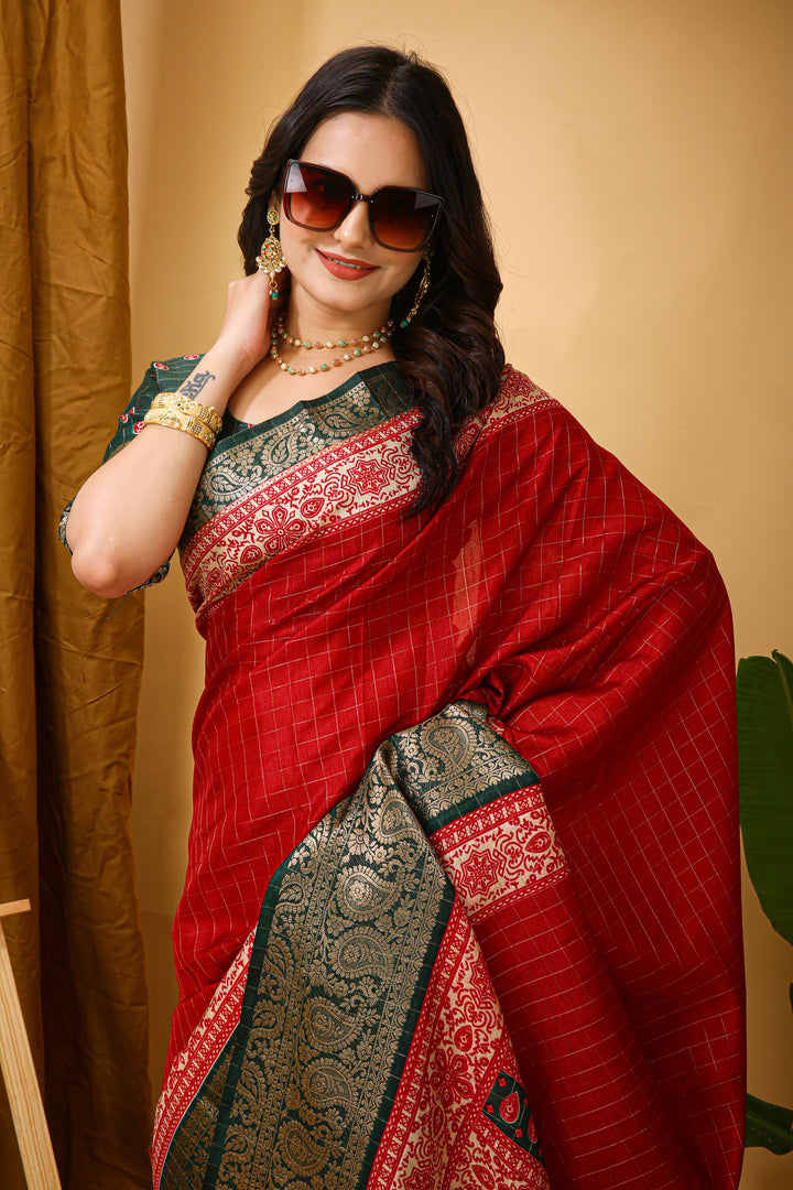 Red Colour soft Dola cotton Kalamkari print saree with jecard kanjivaram zari border