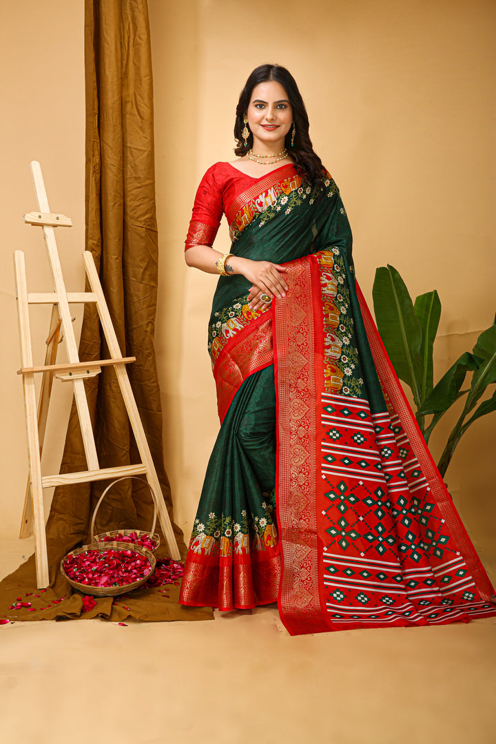 Green Colour soft Dola cotton Kalamkari print saree with jecard kanjivaram zari border