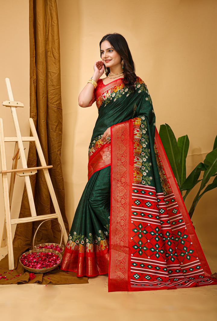 Green Colour soft Dola cotton Kalamkari print saree with jecard kanjivaram zari border