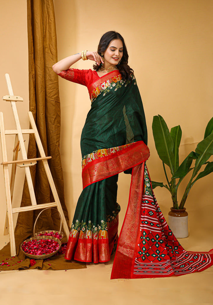 Green Colour soft Dola cotton Kalamkari print saree with jecard kanjivaram zari border