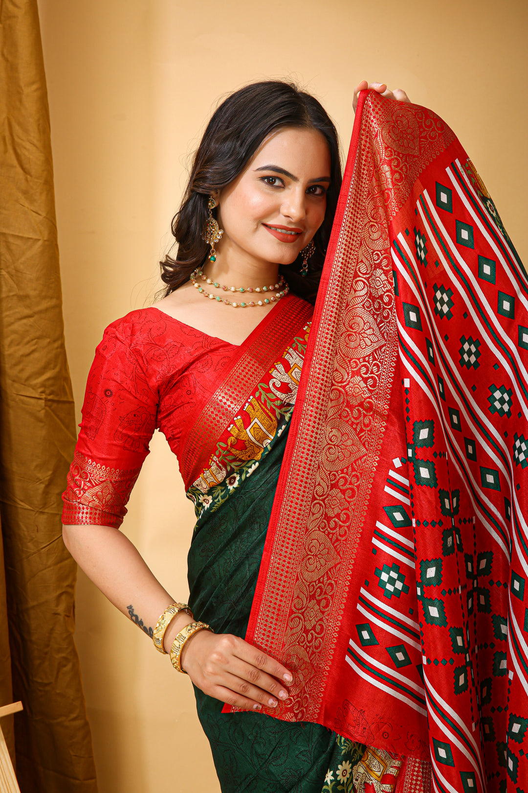 Green Colour soft Dola cotton Kalamkari print saree with jecard kanjivaram zari border
