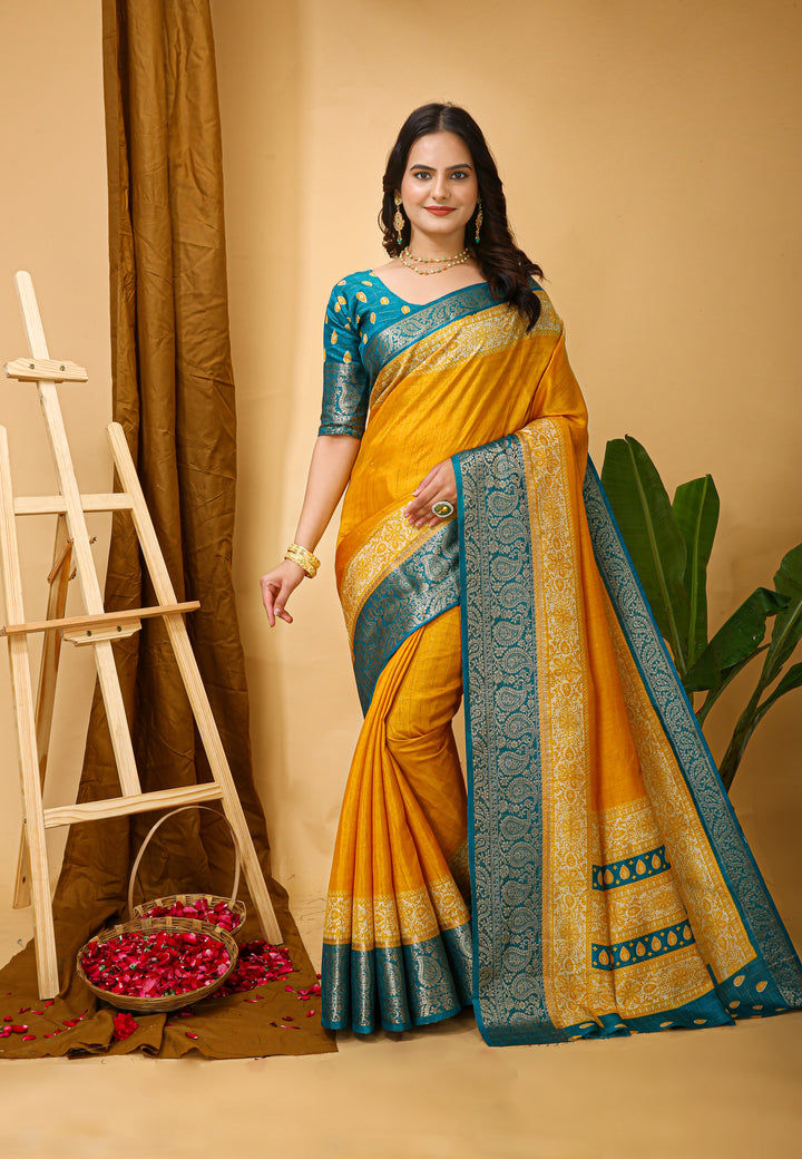 Yellow Colour soft Dola cotton Kalamkari print saree with jecard kanjivaram zari border