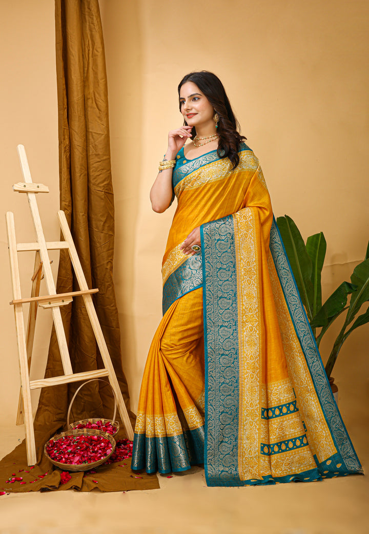 Yellow Colour soft Dola cotton Kalamkari print saree with jecard kanjivaram zari border