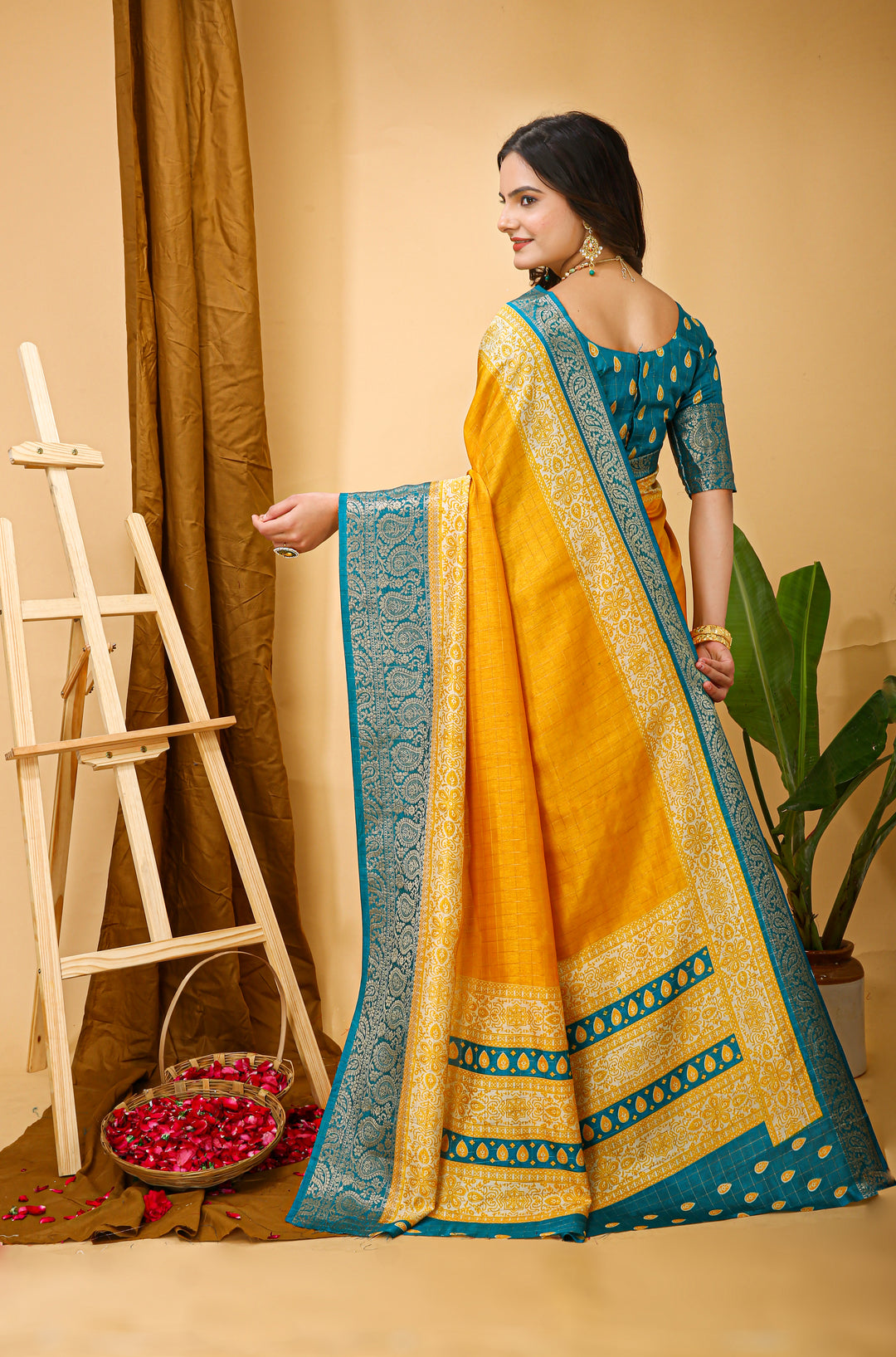 Yellow Colour soft Dola cotton Kalamkari print saree with jecard kanjivaram zari border