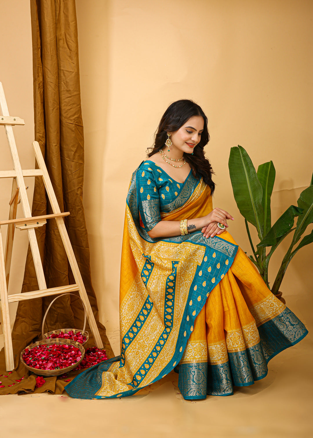 Yellow Colour soft Dola cotton Kalamkari print saree with jecard kanjivaram zari border