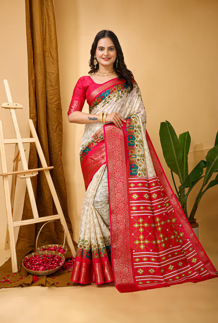 Beige Colour soft Dola cotton Kalamkari print saree with jecard kanjivaram zari border