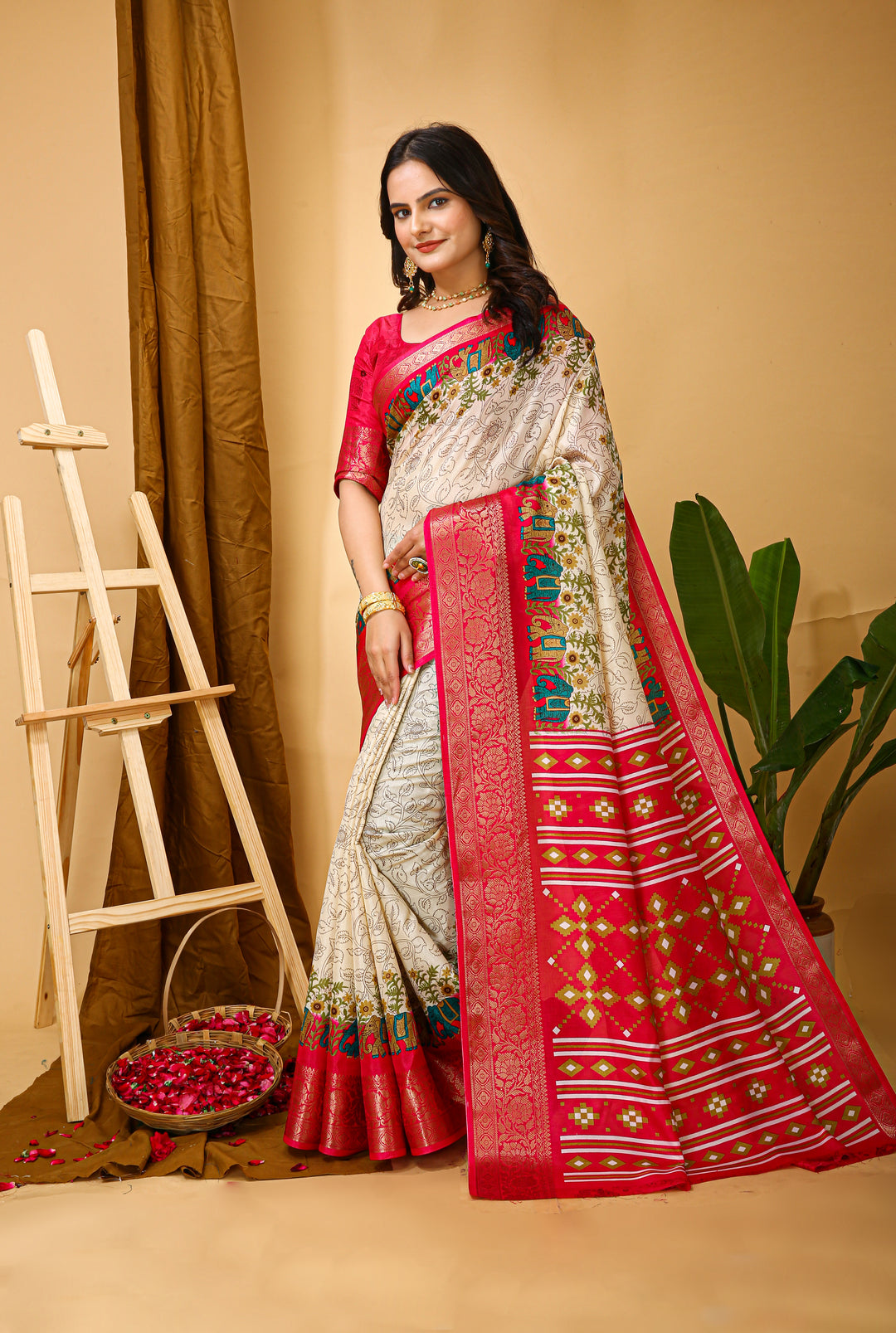 Beige Colour soft Dola cotton Kalamkari print saree with jecard kanjivaram zari border