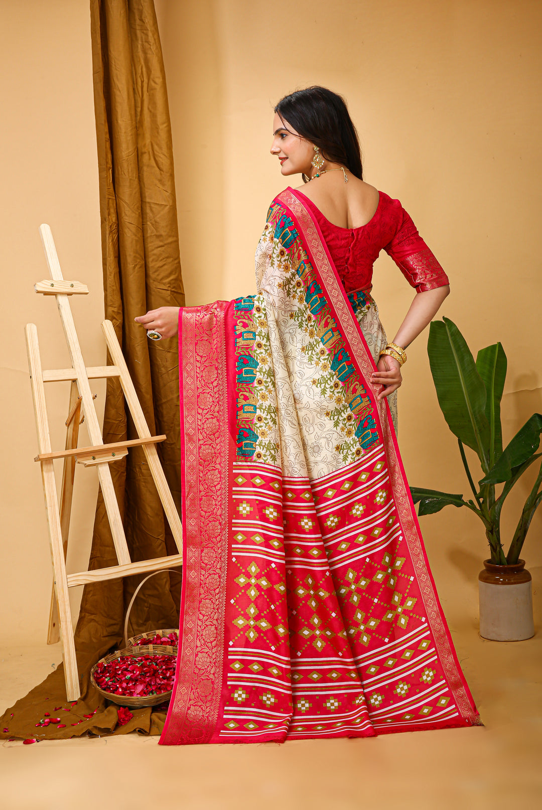 Beige Colour soft Dola cotton Kalamkari print saree with jecard kanjivaram zari border
