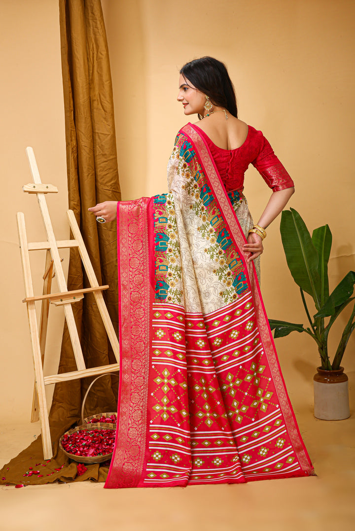 Beige Colour soft Dola cotton Kalamkari print saree with jecard kanjivaram zari border