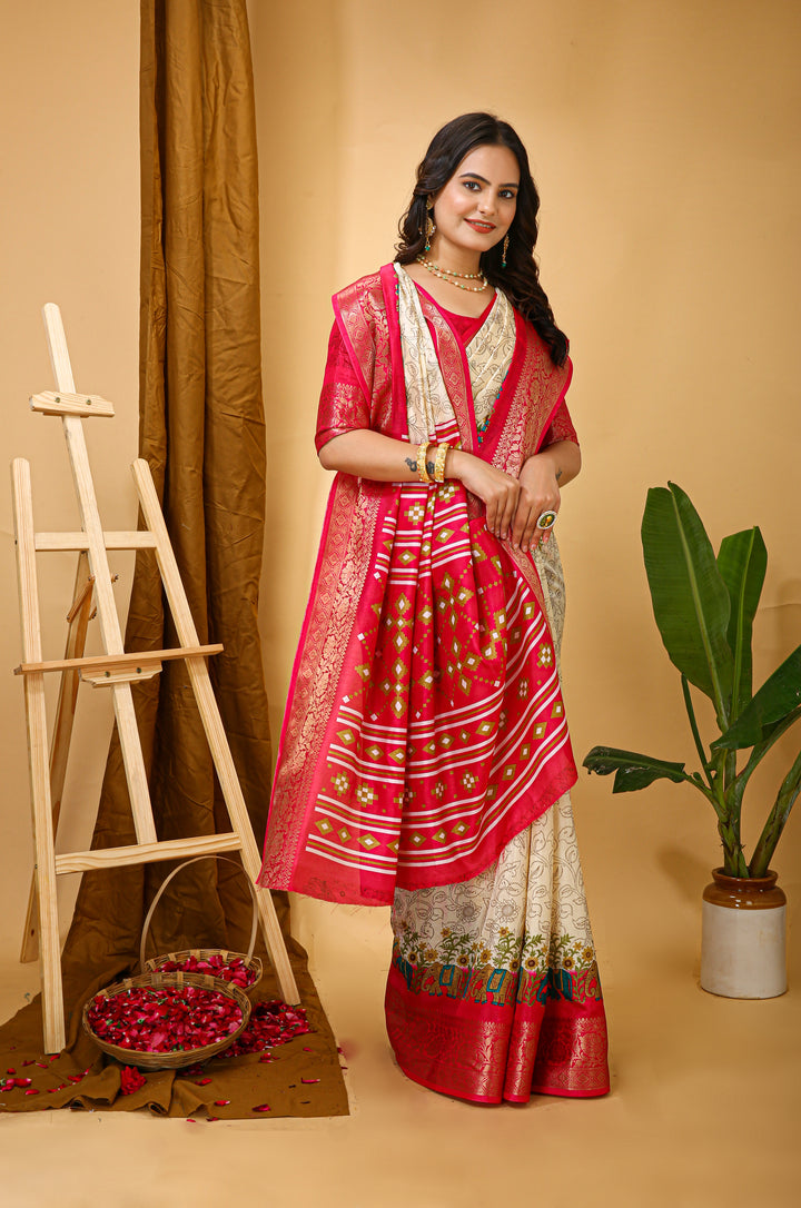 Beige Colour soft Dola cotton Kalamkari print saree with jecard kanjivaram zari border
