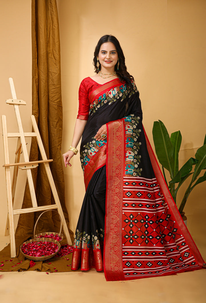 Black Colour soft Dola cotton Kalamkari print saree with jecard kanjivaram zari border