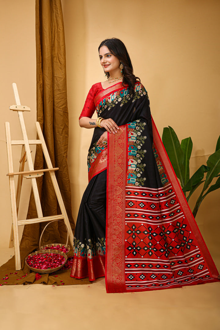 Black Colour soft Dola cotton Kalamkari print saree with jecard kanjivaram zari border