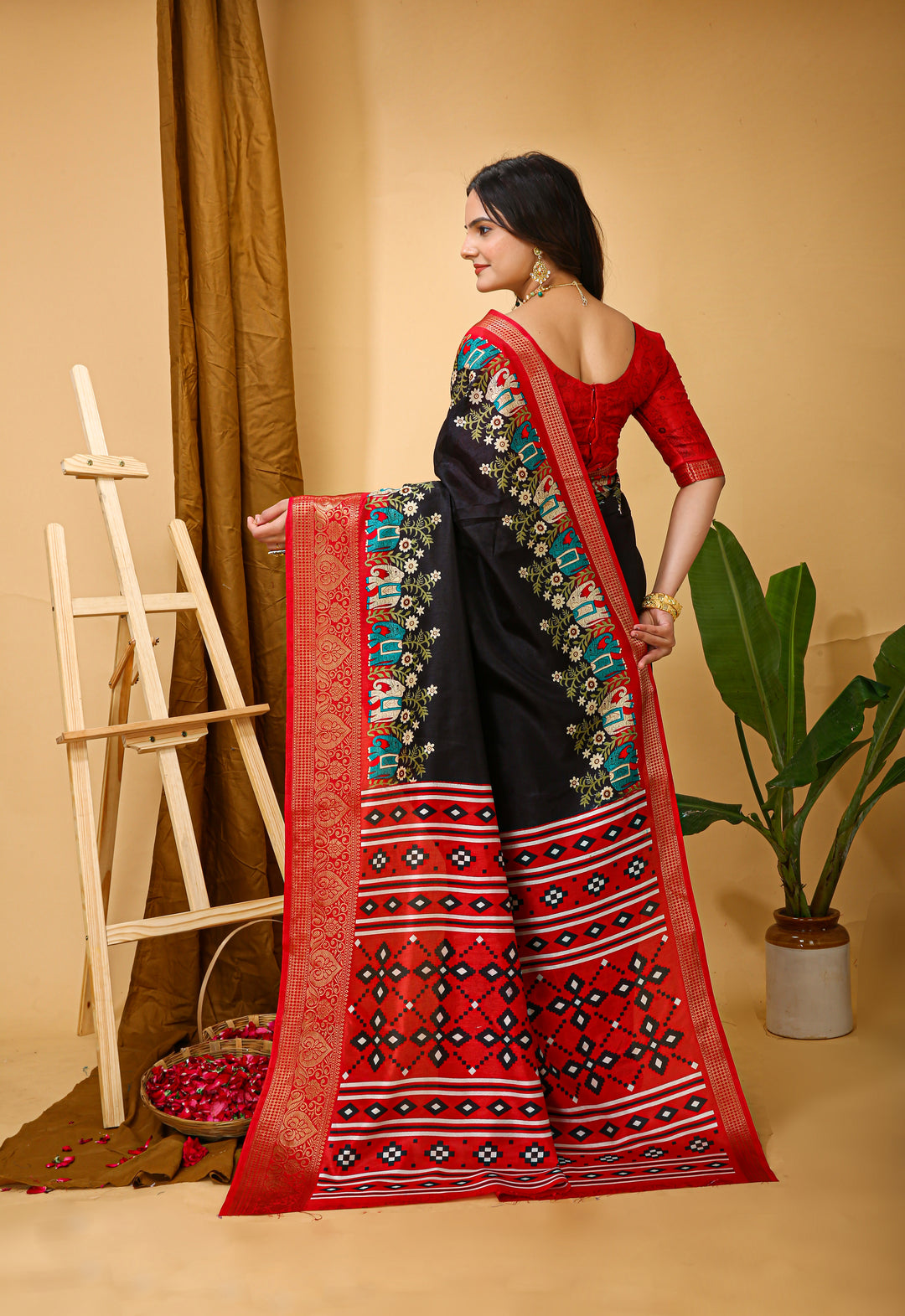 Black Colour soft Dola cotton Kalamkari print saree with jecard kanjivaram zari border