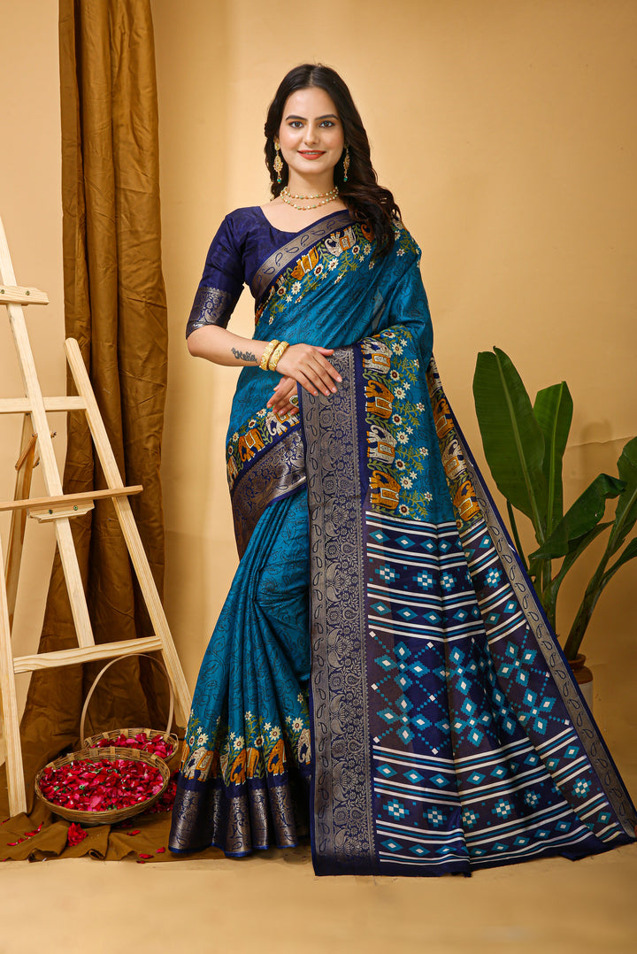 Blue Colour soft Dola cotton Kalamkari print saree with jecard kanjivaram zari border