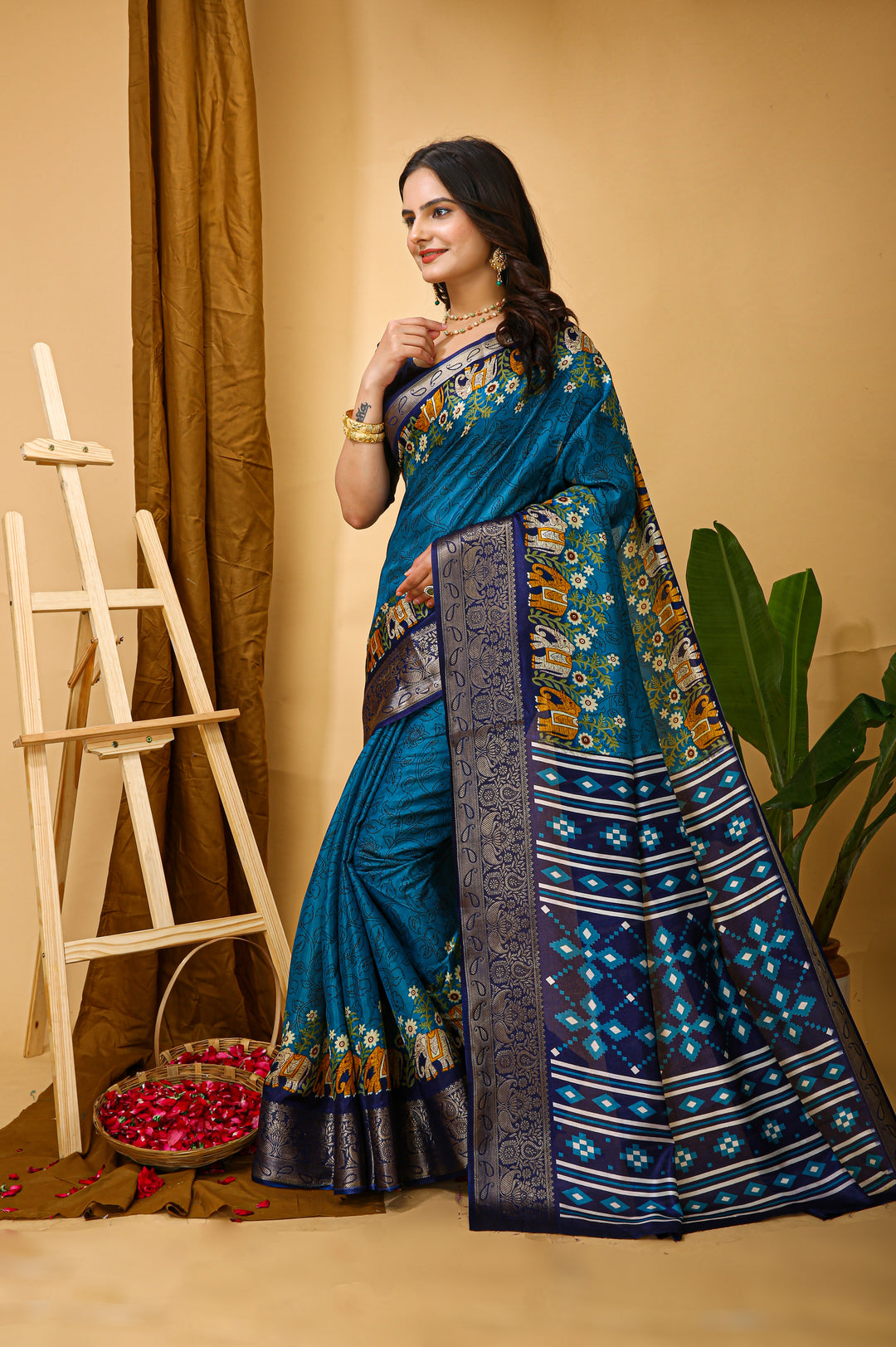 Blue Colour soft Dola cotton Kalamkari print saree with jecard kanjivaram zari border