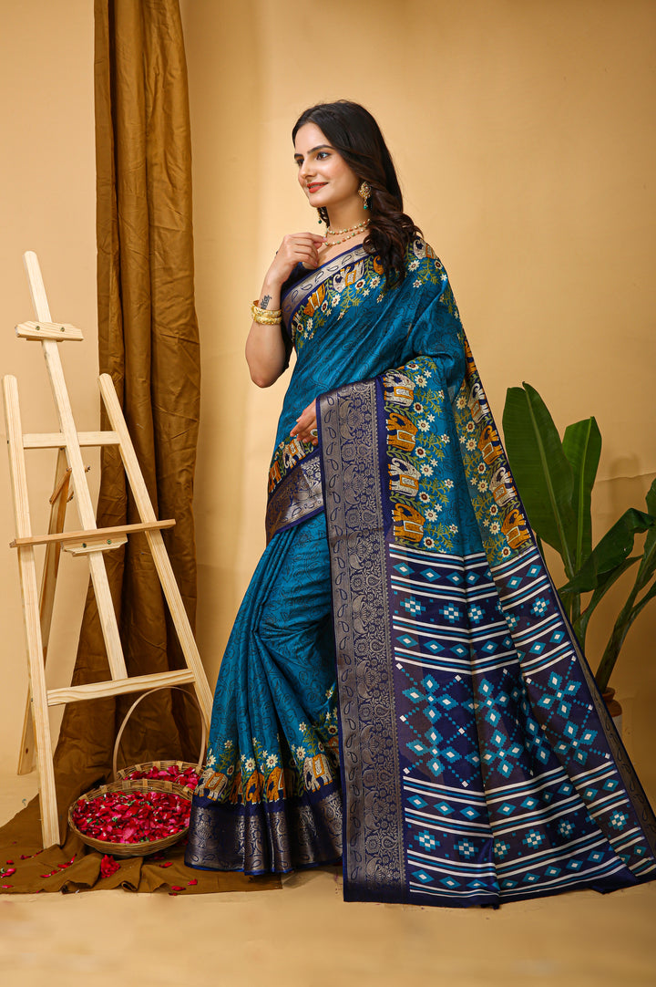 Blue Colour soft Dola cotton Kalamkari print saree with jecard kanjivaram zari border