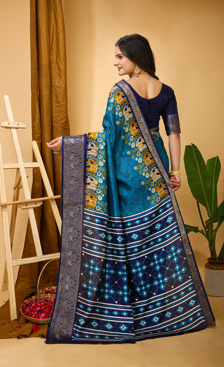 Blue Colour soft Dola cotton Kalamkari print saree with jecard kanjivaram zari border