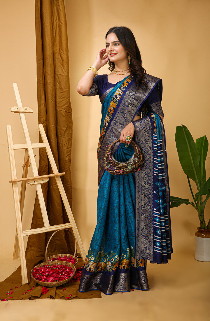 Blue Colour soft Dola cotton Kalamkari print saree with jecard kanjivaram zari border