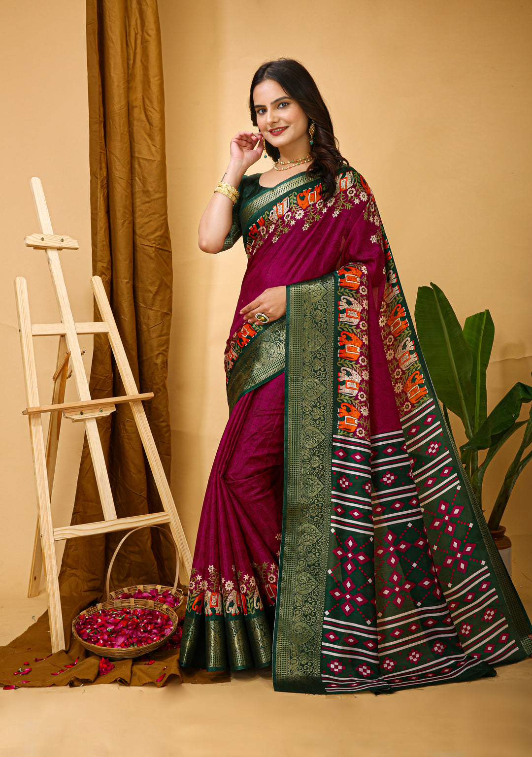 Maroon Colour soft Dola cotton Kalamkari print saree with jecard kanjivaram zari border