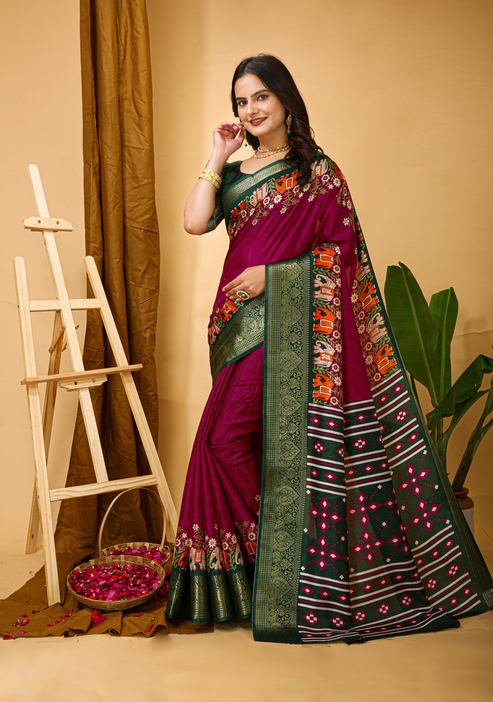 Maroon Colour soft Dola cotton Kalamkari print saree with jecard kanjivaram zari border