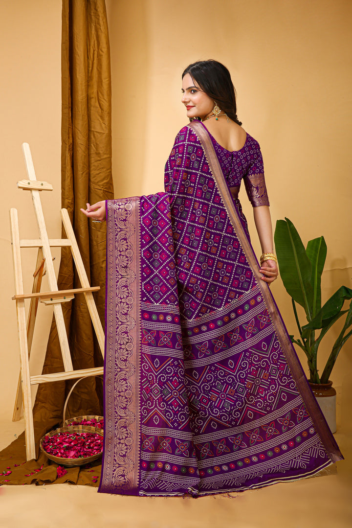 Purple Colour soft Dola cotton Kalamkari print saree with jecard kanjivaram zari border