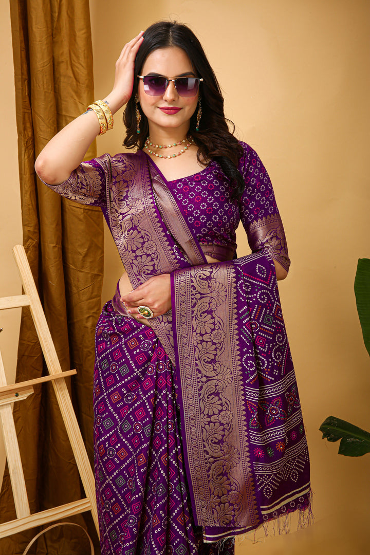 Purple Colour soft Dola cotton Kalamkari print saree with jecard kanjivaram zari border