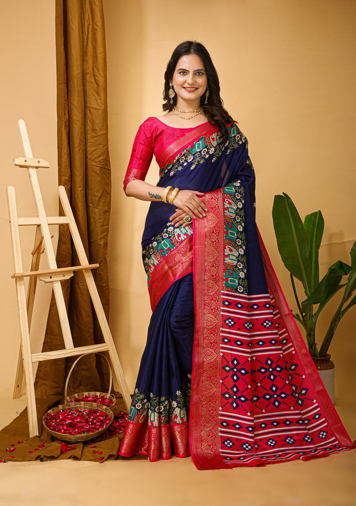 Navy Blue Colour soft Dola cotton Kalamkari print saree with jecard kanjivaram zari border