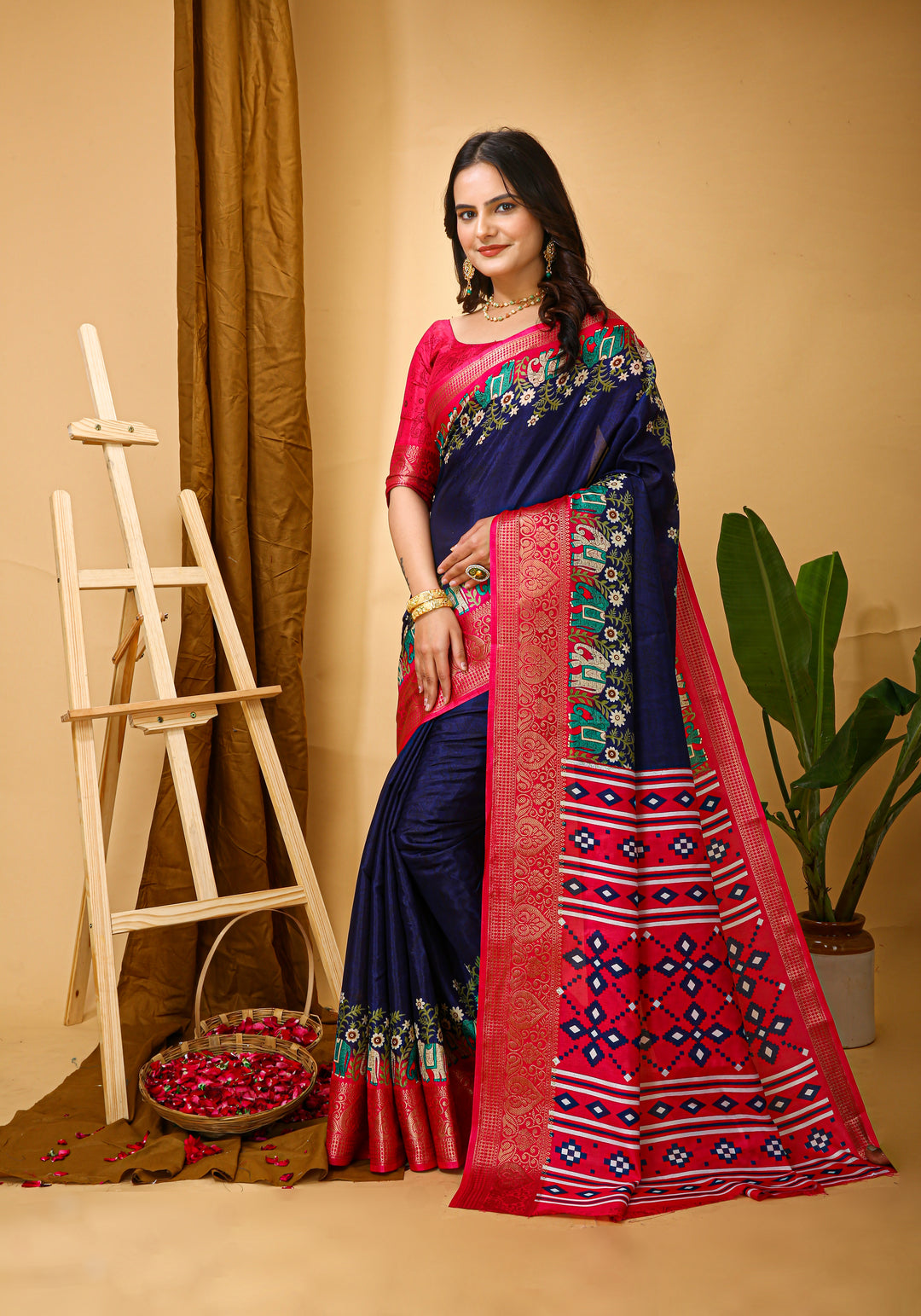 Navy Blue Colour soft Dola cotton Kalamkari print saree with jecard kanjivaram zari border