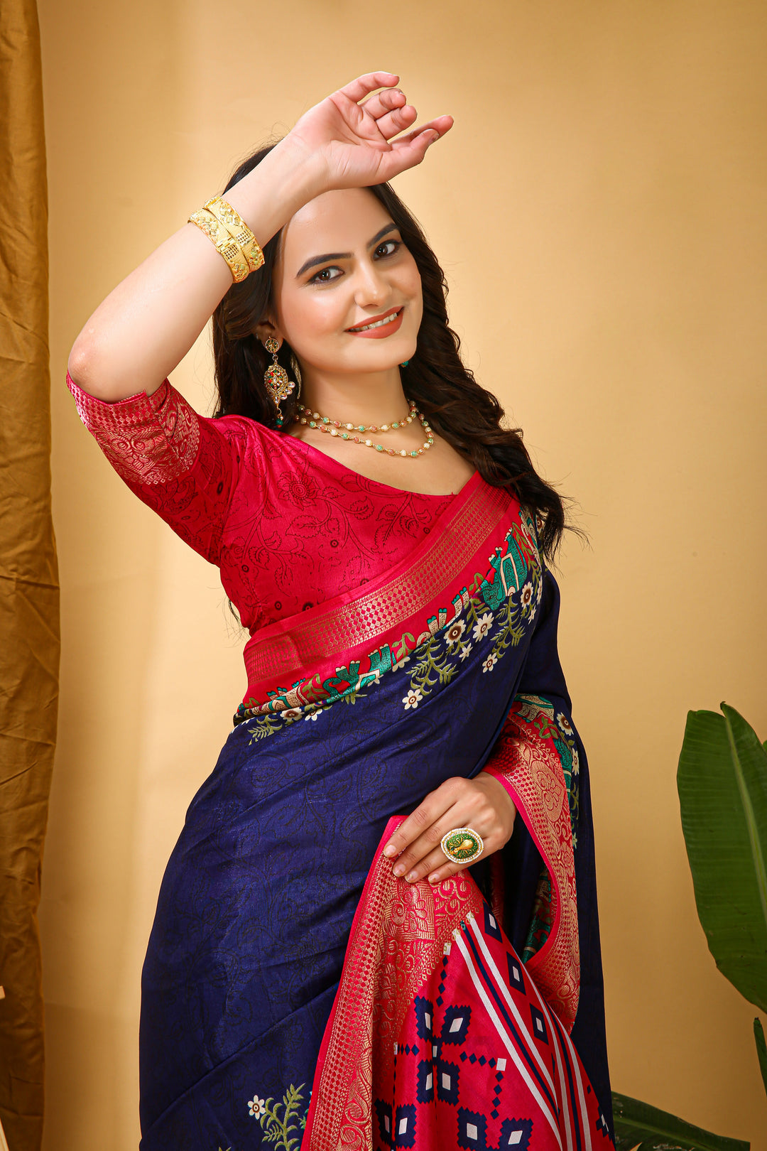 Navy Blue Colour soft Dola cotton Kalamkari print saree with jecard kanjivaram zari border