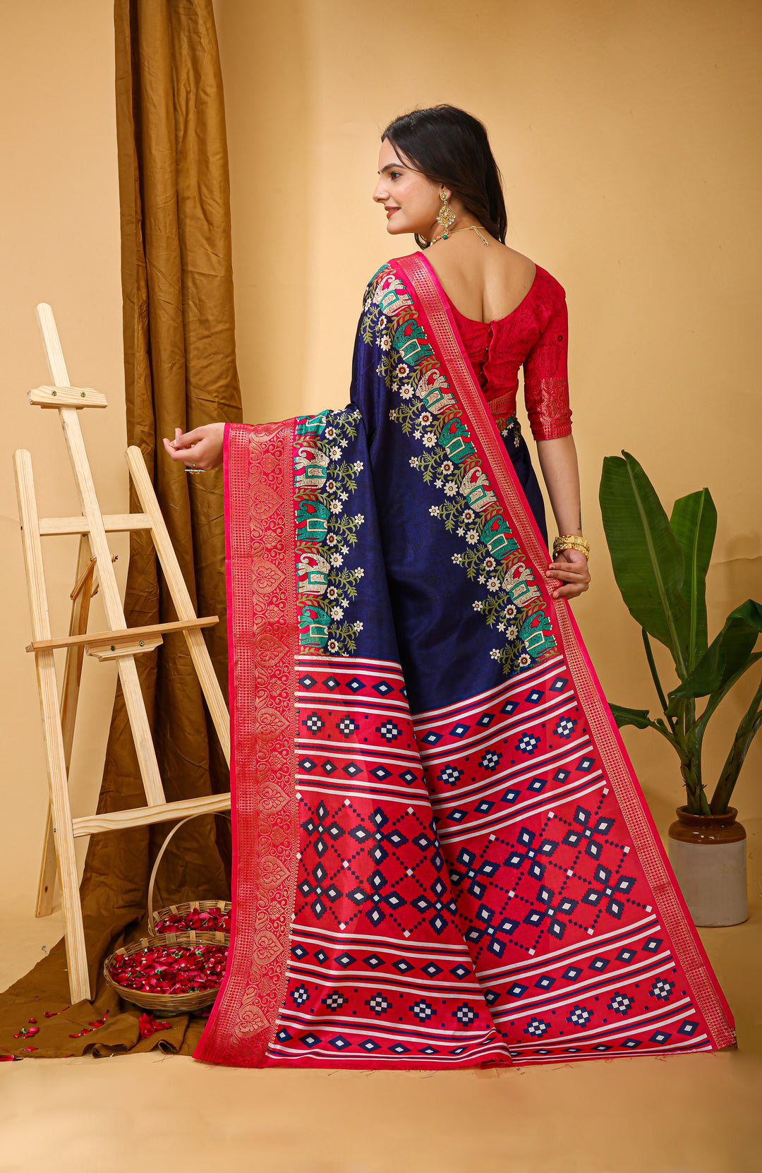 Navy Blue Colour soft Dola cotton Kalamkari print saree with jecard kanjivaram zari border