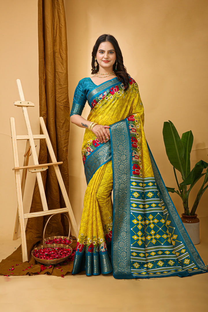 Yellow Colour soft Dola cotton Kalamkari print saree with jecard kanjivaram zari border