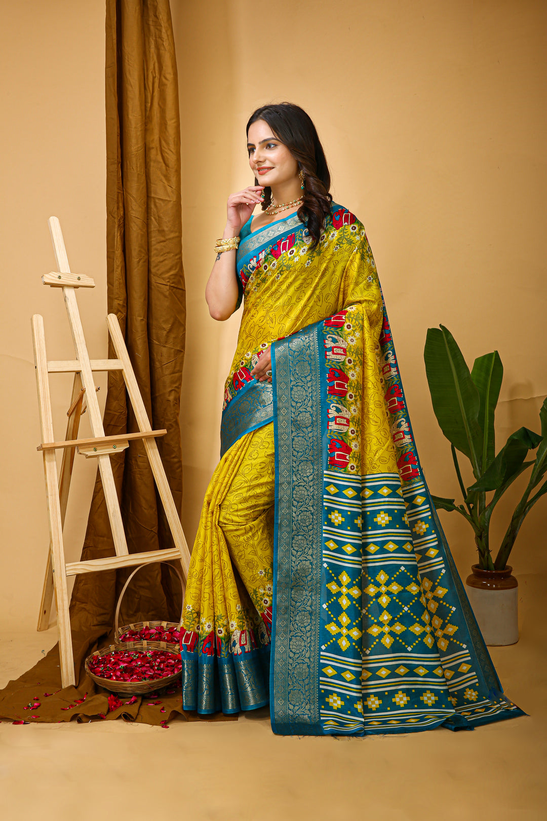 Yellow Colour soft Dola cotton Kalamkari print saree with jecard kanjivaram zari border