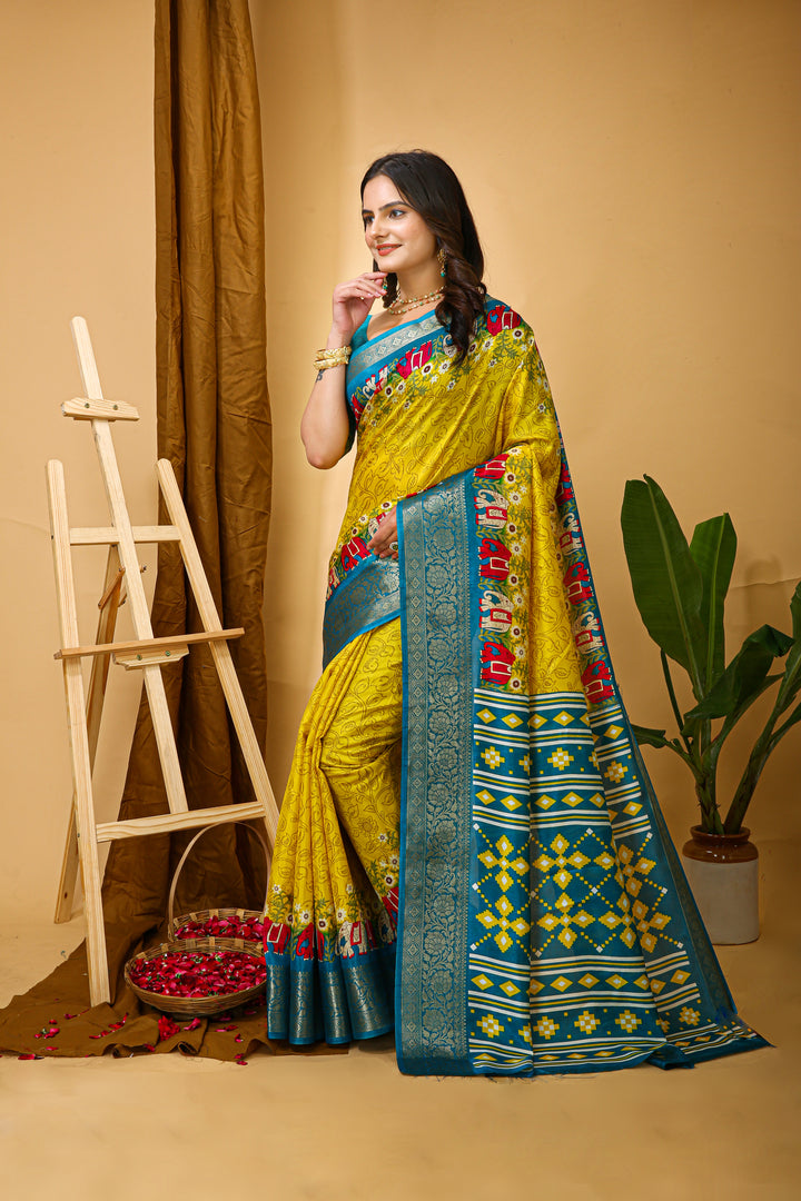 Yellow Colour soft Dola cotton Kalamkari print saree with jecard kanjivaram zari border
