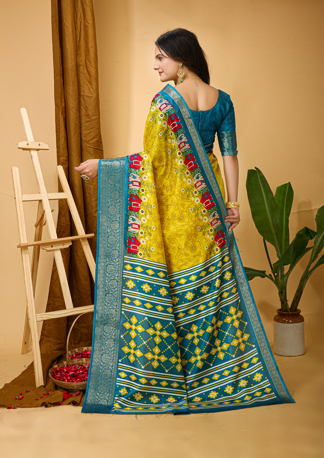 Yellow Colour soft Dola cotton Kalamkari print saree with jecard kanjivaram zari border