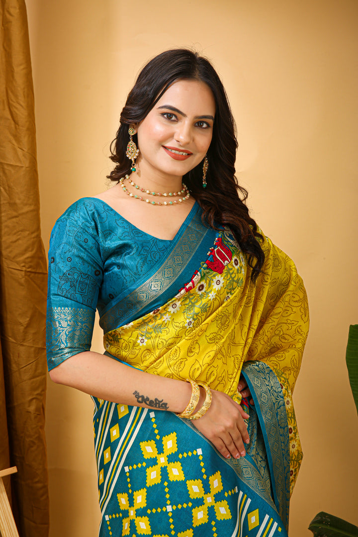 Yellow Colour soft Dola cotton Kalamkari print saree with jecard kanjivaram zari border
