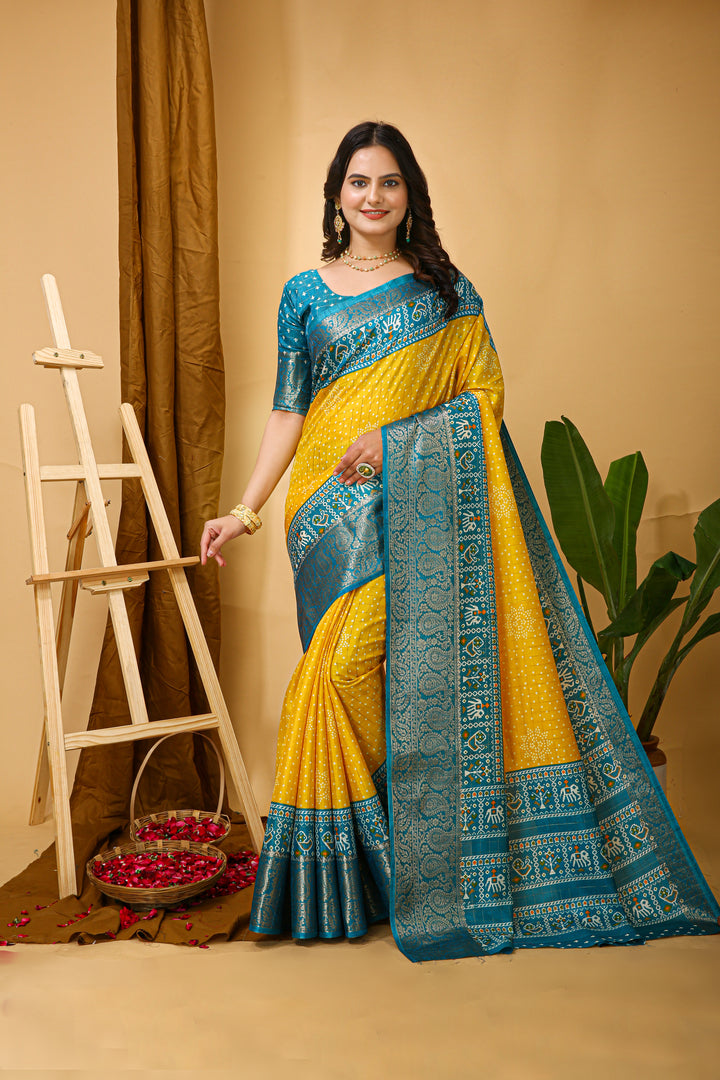 Yellow Colour soft Dola cotton Kalamkari print saree with jecard kanjivaram zari border