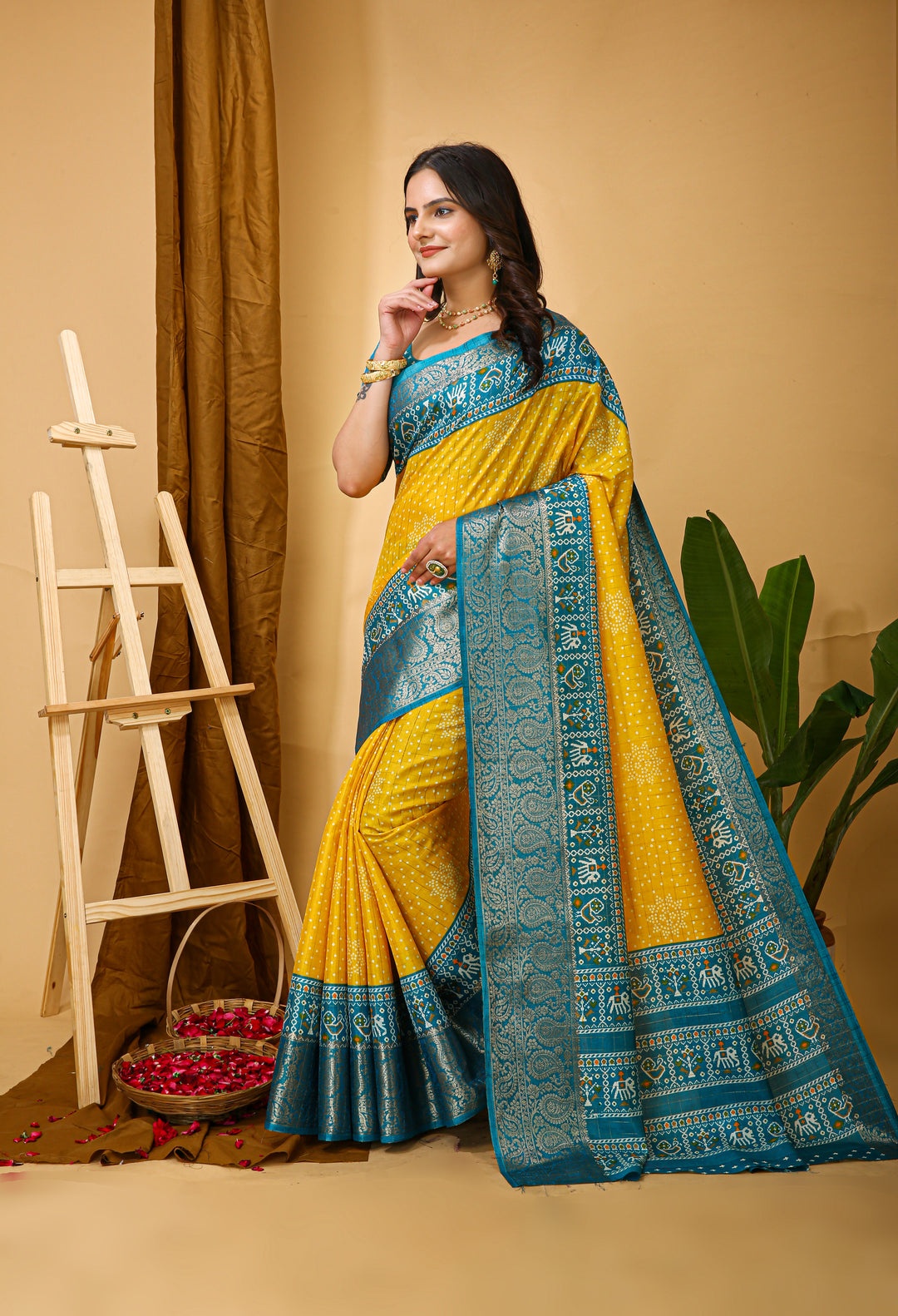 Yellow Colour soft Dola cotton Kalamkari print saree with jecard kanjivaram zari border
