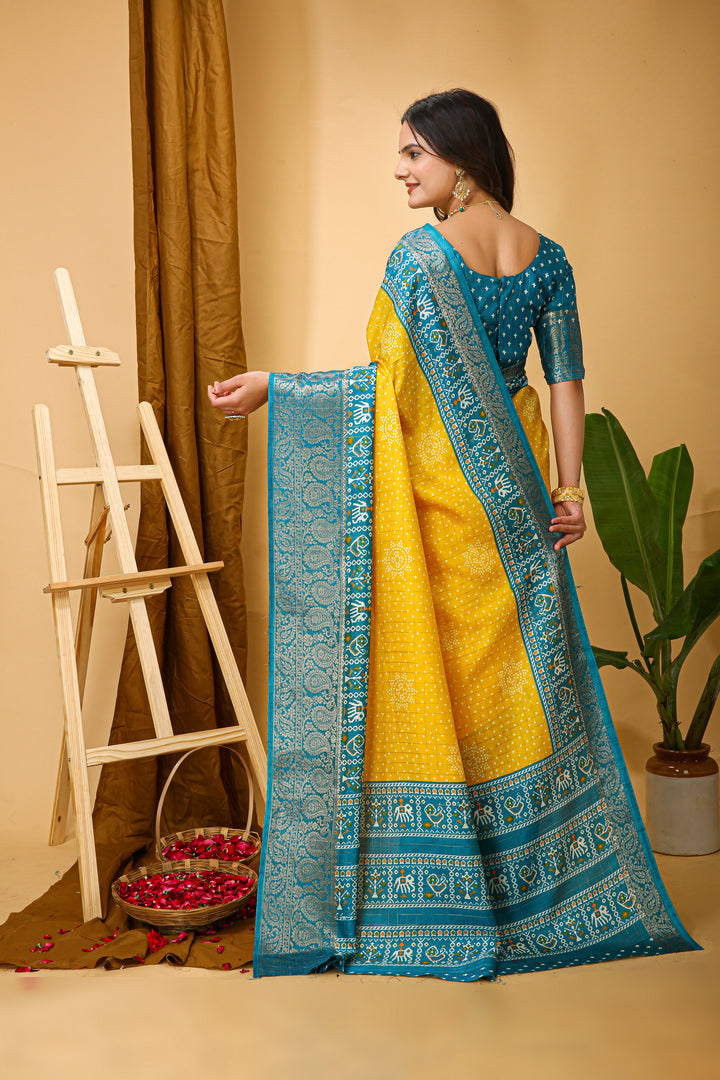 Yellow Colour soft Dola cotton Kalamkari print saree with jecard kanjivaram zari border