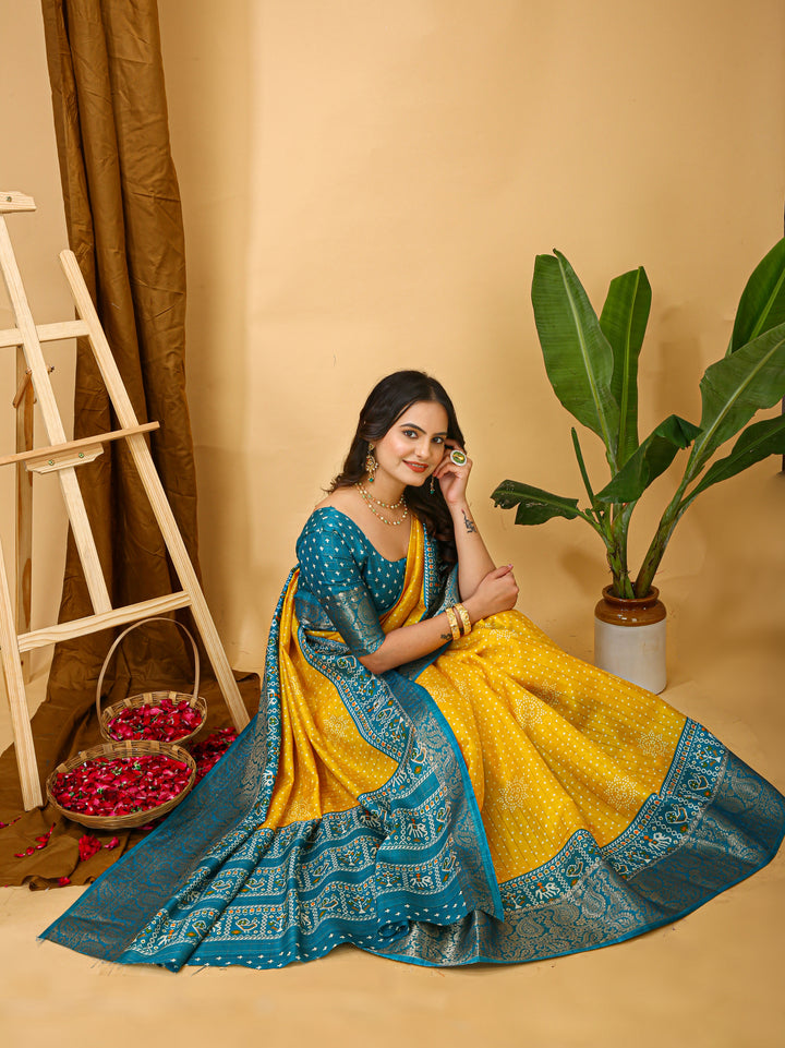 Yellow Colour soft Dola cotton Kalamkari print saree with jecard kanjivaram zari border