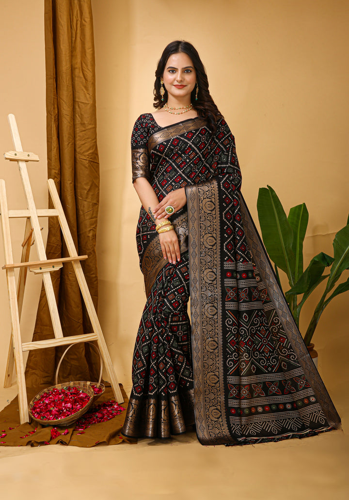 Black Colour soft Dola cotton Kalamkari print saree with jecard kanjivaram zari border