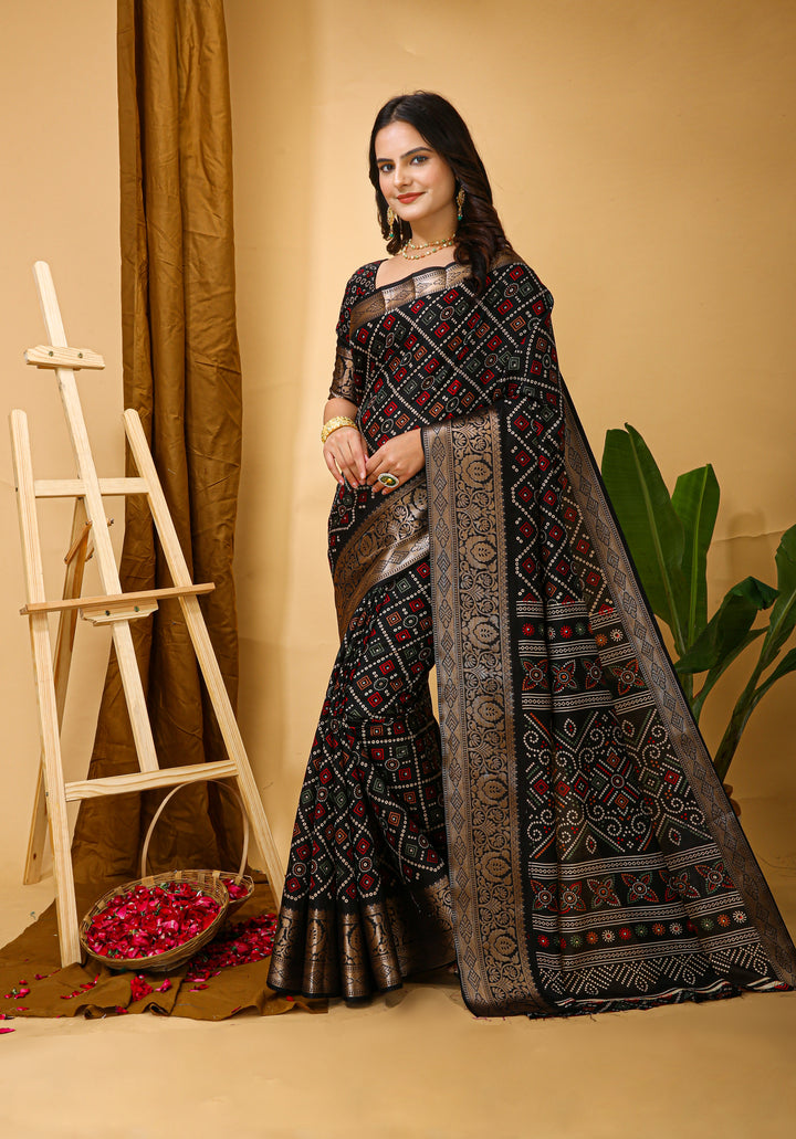 Black Colour soft Dola cotton Kalamkari print saree with jecard kanjivaram zari border