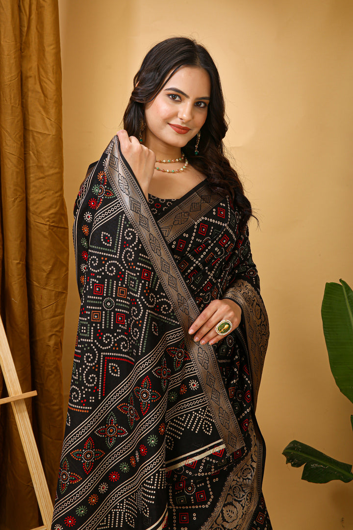 Black Colour soft Dola cotton Kalamkari print saree with jecard kanjivaram zari border