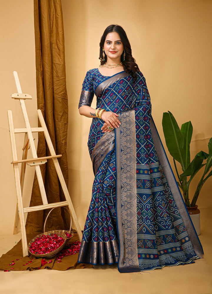 Blue Colour soft Dola cotton Kalamkari print saree with jecard kanjivaram zari border